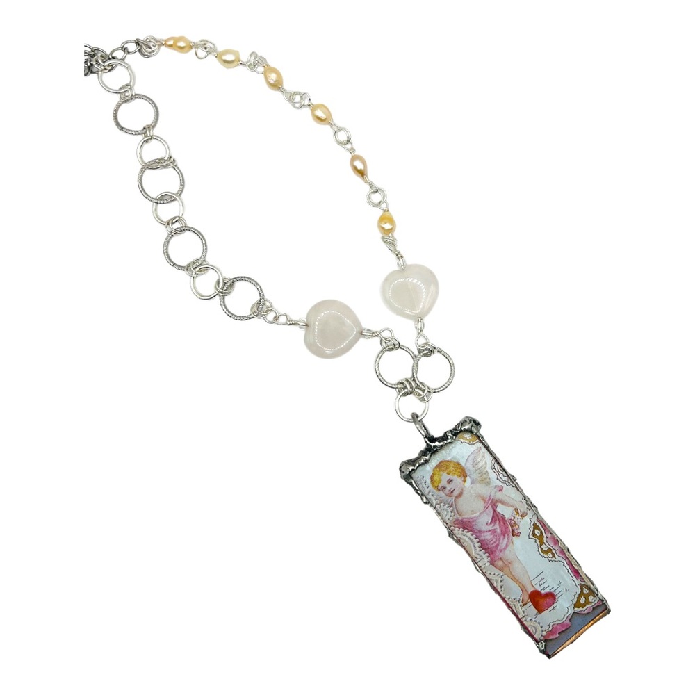 VINTG Valentines Day Card Tiny Canvas Pendant & Handmade W/ Pink Quartz & Pearls - Picture 6 of 16